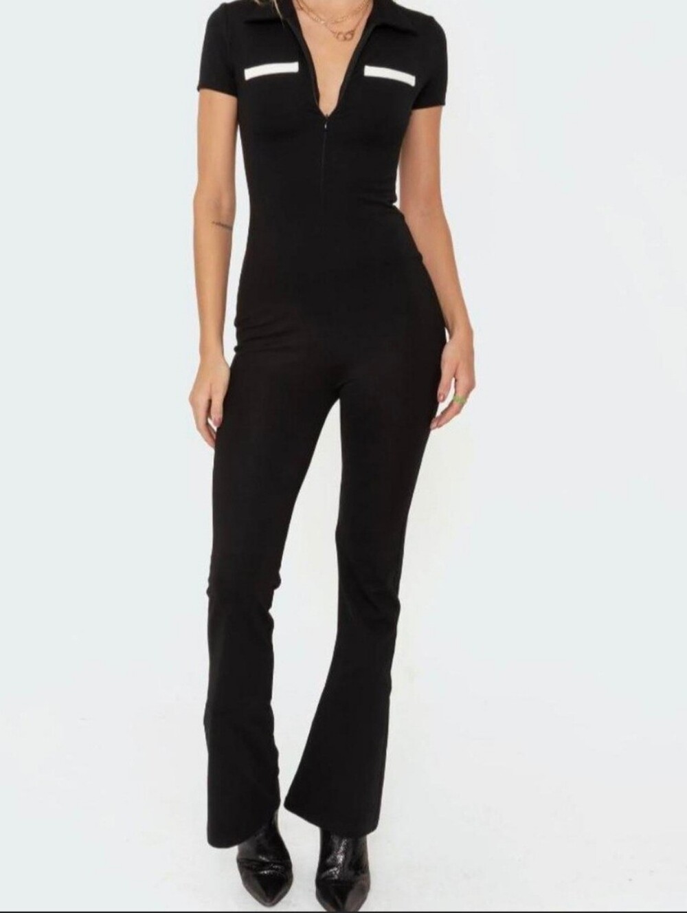 Edikted Contrast Pocket Collared Flare Leg Fitted Jumpsuit